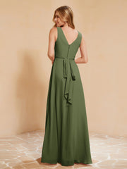 Robe de Demoiselle d'Honneur Empire Sans Manches avec Nœud Papillon Olive Verte Grande Taille