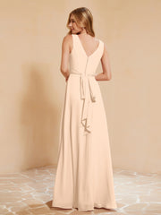 Robe de Demoiselle d'Honneur Empire Sans Manches avec Nœud Papillon Pêche Grande Taille
