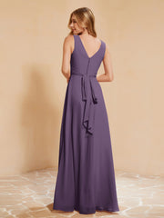 Robe de Demoiselle d'Honneur Empire Sans Manches avec Nœud Papillon Plum