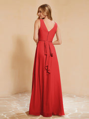Robe de Demoiselle d'Honneur Empire Sans Manches avec Nœud Papillon Rouge