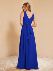 Robe de Demoiselle d'Honneur Empire Sans Manches avec Nœud Papillon Bleu Royale
