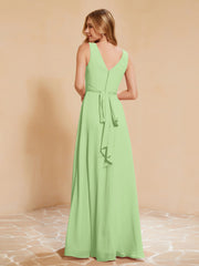 Robe de Demoiselle d'Honneur Empire Sans Manches avec Nœud Papillon Sauge