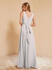 Robe de Demoiselle d'Honneur Empire Sans Manches avec Nœud Papillon Argent