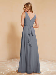 Robe de Demoiselle d'Honneur Empire Sans Manches avec Nœud Papillon Gris Acier