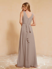 Robe de Demoiselle d'Honneur Empire Sans Manches avec Nœud Papillon Taupe