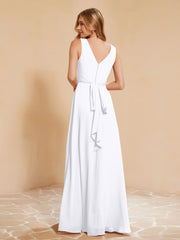 Robe de Demoiselle d'Honneur Empire Sans Manches avec Nœud Papillon Blanc