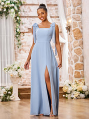 Robe en Mousseline à Col Carré et Bretelles à Doubles Nœuds avec Fente Bleu Poudré