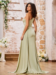 Robe Fourreau Sexy à Une Épaule avec Fente Haute et Traîne Sauge Poudrée