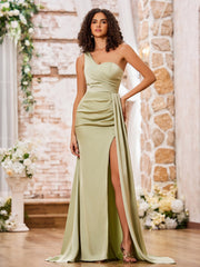 Robe Fourreau Sexy à Une Épaule avec Fente Haute et Traîne Sauge Poudrée