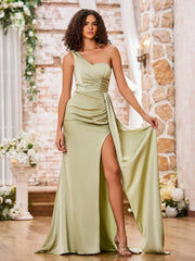 Robe Fourreau Sexy à Une Épaule avec Fente Haute et Traîne Sauge Poudrée