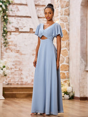 Maxi Robe Trapèze en Mousseline à Col en V avec Mancherons Bleu Poudré