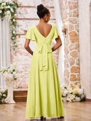 Maxi Robe Trapèze en Mousseline à Col en V avec Mancherons Jonquille