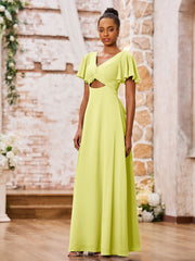 Maxi Robe Trapèze en Mousseline à Col en V avec Mancherons Jonquille