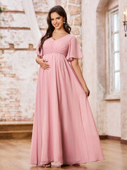 Maxi Robe Empire en Mousseline à Col en V et Manches Courtes Rose Poudré