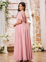 Maxi Robe Empire en Mousseline à Col en V et Manches Courtes Rose Poudré