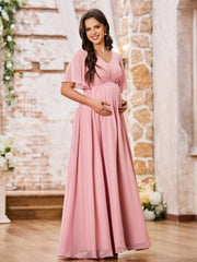 Maxi Robe Empire en Mousseline à Col en V et Manches Courtes Rose Poudré
