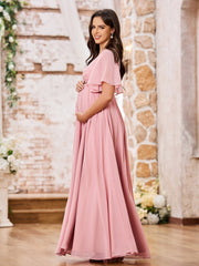 Maxi Robe Empire en Mousseline à Col en V et Manches Courtes Rose Poudré
