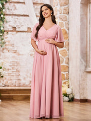 Maxi Robe Empire en Mousseline à Col en V et Manches Courtes Rose Poudré