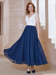 Robe en Mousseline Longueur de Mollet à Col en V avec Poches Bleu Marine Grande Taille