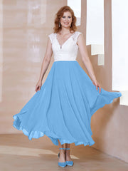 Robe en Mousseline Longueur de Mollet à Col en V avec Poches Bleu
