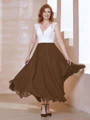 Robe en Mousseline Longueur de Mollet à Col en V avec Poches Brun Grande Taille