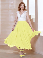 Robe en Mousseline Longueur de Mollet à Col en V avec Poches Jonquille