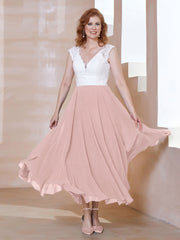 Robe en Mousseline Longueur de Mollet à Col en V avec Poches Rose Poudré