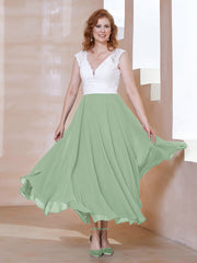 Robe en Mousseline Longueur de Mollet à Col en V avec Poches Sauge Poudrée Grande Taille