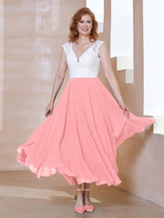 Robe en Mousseline Longueur de Mollet à Col en V avec Poches Flamant