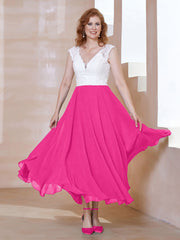 Robe en Mousseline Longueur de Mollet à Col en V avec Poches Fuchsia