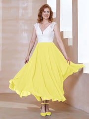 Robe en Mousseline Longueur de Mollet à Col en V avec Poches Citron Grande Taille
