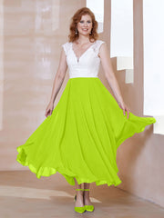 Robe en Mousseline Longueur de Mollet à Col en V avec Poches Vert Citron