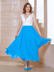 Robe en Mousseline Longueur de Mollet à Col en V avec Poches Bleu Océan