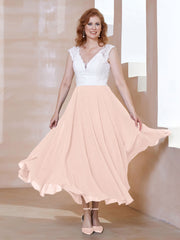 Robe en Mousseline Longueur de Mollet à Col en V avec Poches Rose Perle
