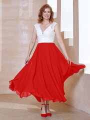Robe en Mousseline Longueur de Mollet à Col en V avec Poches Rouge