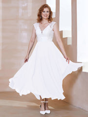 Robe en Mousseline Longueur de Mollet à Col en V avec Poches Blanc