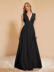 Maxi Robe Sans Manches avec Décolleté en V Plongeant Noir