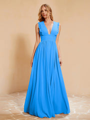 Maxi Robe Sans Manches avec Décolleté en V Plongeant Bleu Océan