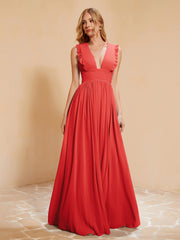 Maxi Robe Sans Manches avec Décolleté en V Plongeant Rouge