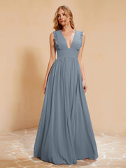 Maxi Robe Sans Manches avec Décolleté en V Plongeant Bleu de Schiste