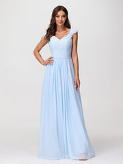 Robes Longue Mousseline avec Bustier Appliquée en Dentelle Bleu Ciel Grande Taille