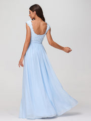 Robes Longue Mousseline avec Bustier Appliquée en Dentelle Bleu Ciel Grande Taille