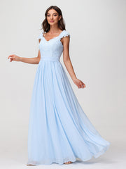 Robes Longue Mousseline avec Bustier Appliquée en Dentelle Bleu Ciel Grande Taille