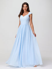 Robes Longue Mousseline avec Bustier Appliquée en Dentelle Bleu Ciel
