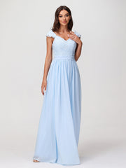 Robes Longue Mousseline avec Bustier Appliquée en Dentelle Bleu Ciel Grande Taille
