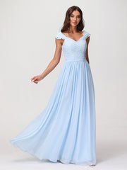 Robes Longue Mousseline avec Bustier Appliquée en Dentelle Bleu Ciel