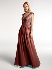 Robes Longue Mousseline avec Bustier Appliquée en Dentelle terracotta