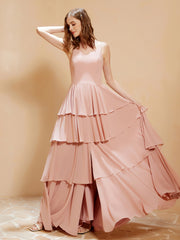 Robe Longue Bohème en Mousseline avec Volants Rose Poudré Grande Taille