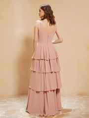 Robe Longue Bohème en Mousseline avec Volants Rose Poudré