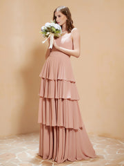 Robe Longue Bohème en Mousseline avec Volants Rose Poudré